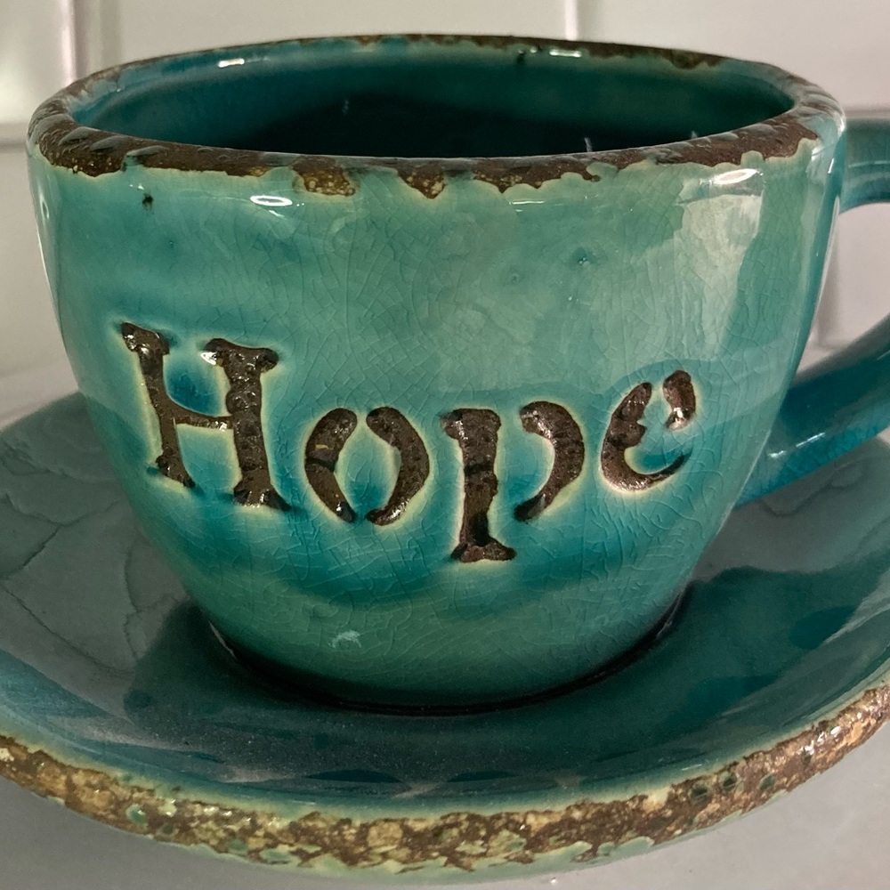 Tigard Distressed Ceramic Cup And Saucer Planter Trinket Dish Blue Hope